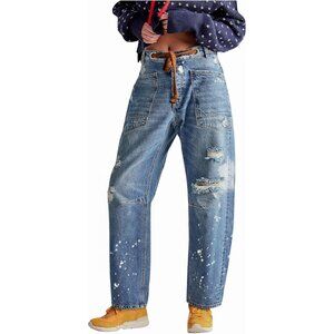 Women's Baggy Barrel Jeans Mid Rise Wide Leg Denim Casual Pants Large